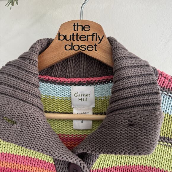 Garnet Hill Striped Multicolor Knit Button Down Sweater Cotton Small Q4885 - Picture 3 of 4